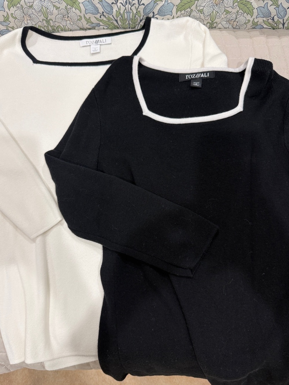 Roz & Ali Black and White Contrast Trim Scoop & Square Neck Sweaters